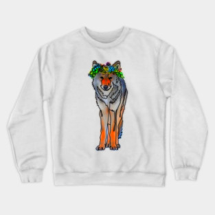 Wild Wolf with Flower Crown – Elegant Line Drawing Forestcore Art Crewneck Sweatshirt