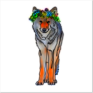 Wild Wolf with Flower Crown – Elegant Line Drawing Forestcore Art Posters and Art