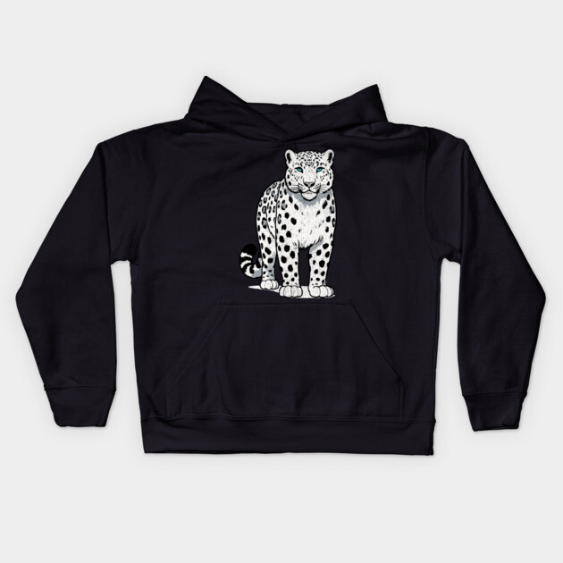 Bold Snow Leopard Vector Illustration – Minimalist Big Cat Art with Blue Eyes Kids Hoodie by DonWillisJrArt