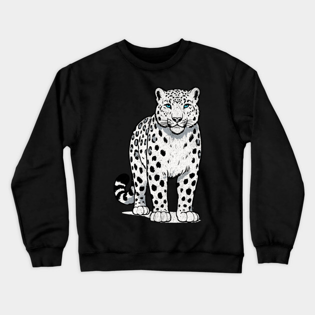 Bold Snow Leopard Vector Illustration – Minimalist Big Cat Art with Blue Eyes Crewneck Sweatshirt by DonWillisJrArt