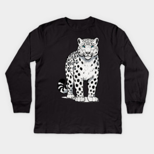 Bold Snow Leopard Vector Illustration – Minimalist Big Cat Art with Blue Eyes Kids Long Sleeve T-Shirt
