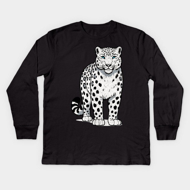 Bold Snow Leopard Vector Illustration – Minimalist Big Cat Art with Blue Eyes Kids Long Sleeve T-Shirt by DonWillisJrArt