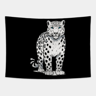 Bold Snow Leopard Vector Illustration – Minimalist Big Cat Art with Blue Eyes Tapestry
