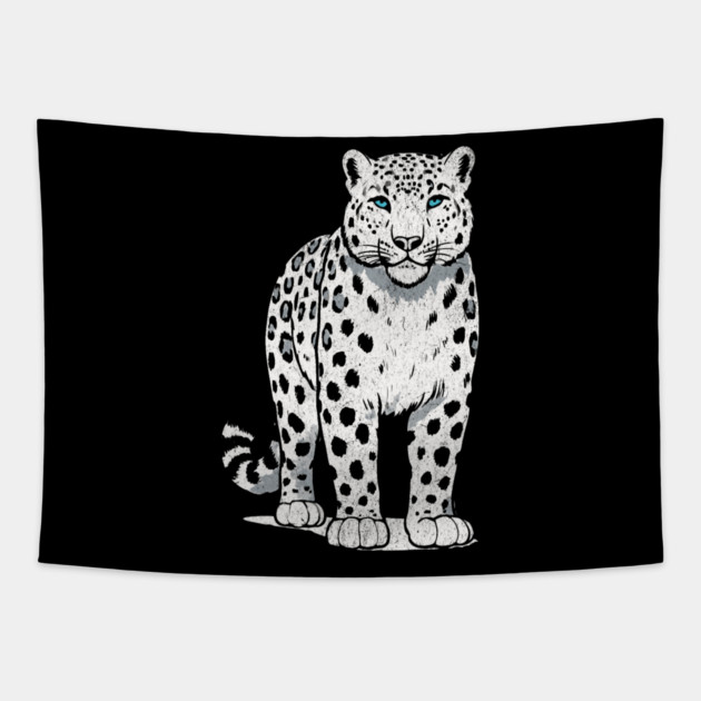 Bold Snow Leopard Vector Illustration – Minimalist Big Cat Art with Blue Eyes Tapestry by DonWillisJrArt