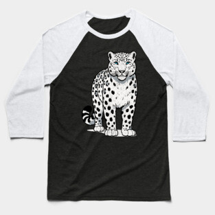Bold Snow Leopard Vector Illustration – Minimalist Big Cat Art with Blue Eyes Baseball T-Shirt