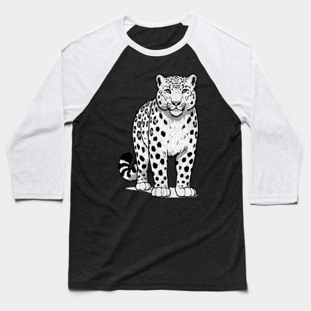 Bold Snow Leopard Vector Illustration – Minimalist Big Cat Art with Blue Eyes Baseball T-Shirt by DonWillisJrArt
