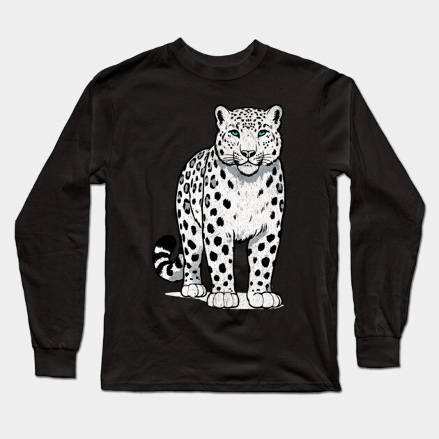 Bold Snow Leopard Vector Illustration – Minimalist Big Cat Art with Blue Eyes Long Sleeve T-Shirt by DonWillisJrArt