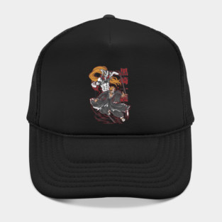 Twin Souls Unleashed | Half-Masked Blade Reaper with Demonic Spirit Form and Long-Haired Hollow Guardian in Red Surge Aesthetic Hat