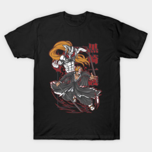 Twin Souls Unleashed | Half-Masked Blade Reaper with Demonic Spirit Form and Long-Haired Hollow Guardian in Red Surge Aesthetic T-Shirt