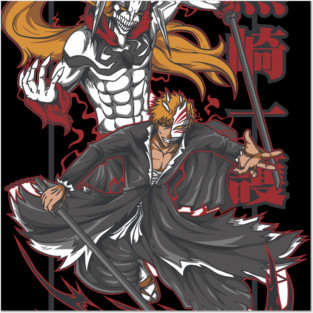 Twin Souls Unleashed | Half-Masked Blade Reaper with Demonic Spirit Form and Long-Haired Hollow Guardian in Red Surge Aesthetic Posters and Art