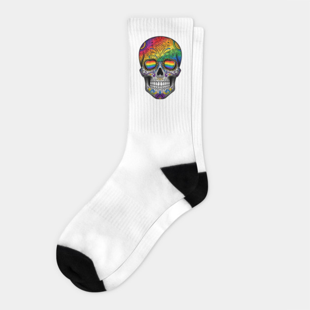 Colorful Rainbow Sugar Skull with Pride Colors - Day of the Dead Art Socks by WarFX Designs