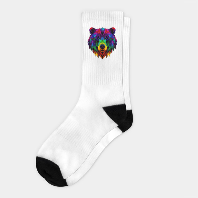 Geometric Pride Rainbow Bear Head - Vibrant Polygonal Animal Art Design Socks by WarFX Designs