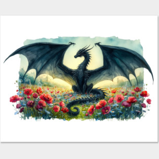 Black Dragon and Flower Field Posters and Art