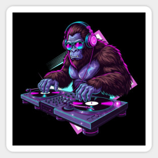 DJ Bigfoot - Best Gift For Bigfoot Lovers, music, cryptid, sasquatch, funny, rave, edm, party, gift for DJ, festival, neon, headphones, sunglasses, bigfoot, turntables, dj table, funky, disco ball, tecno, trance,  acid party,  goa, Sticker