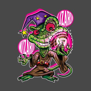 Green Lizard Wizard with Hypnotic Eyes and Magic Globe – Cartoon Street Art Design T-Shirt