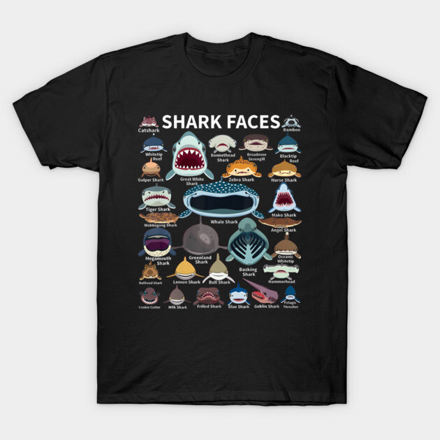 Shark Faces Of All Kinds T-Shirt by Graffitiffiti