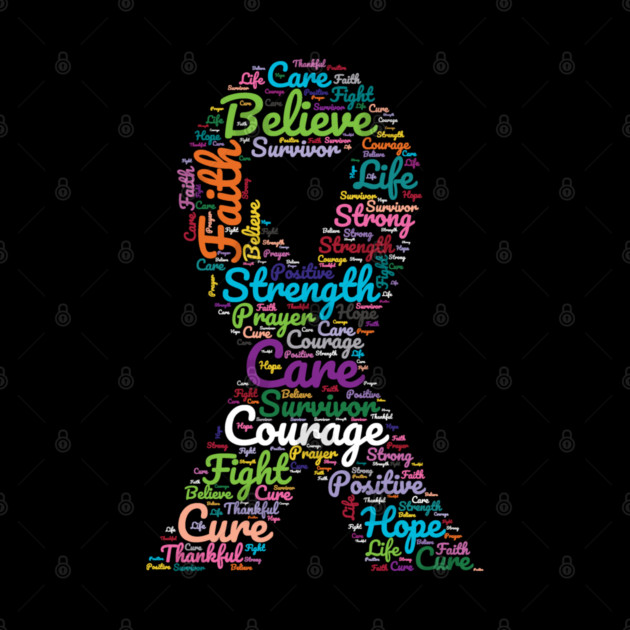 Cancer Awareness Ribbon With Positive Support Words by Rosemarie Guieb Designs