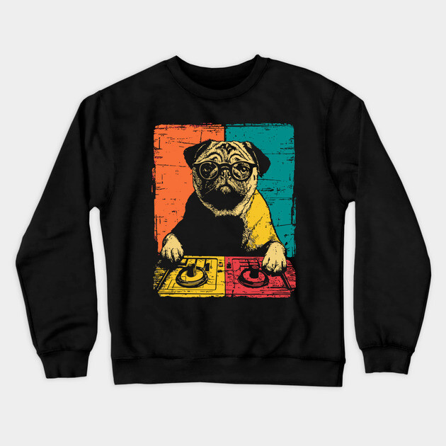 DJ Cyber Pug in Retro Pop Style Crewneck Sweatshirt by TuncGK