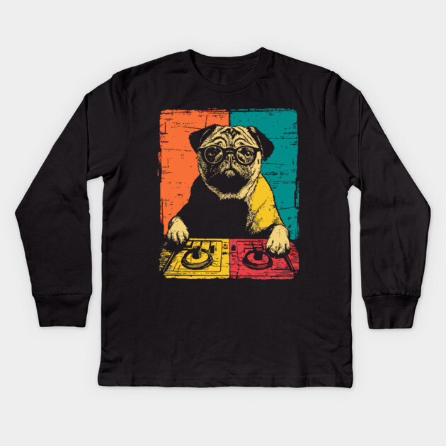 DJ Cyber Pug in Retro Pop Style Kids Long Sleeve T-Shirt by TuncGK