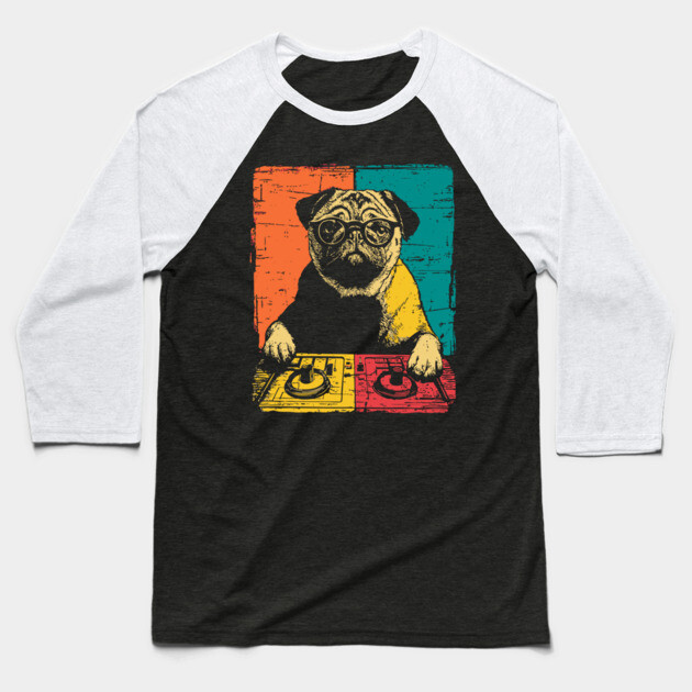 DJ Cyber Pug in Retro Pop Style Baseball T-Shirt by TuncGK