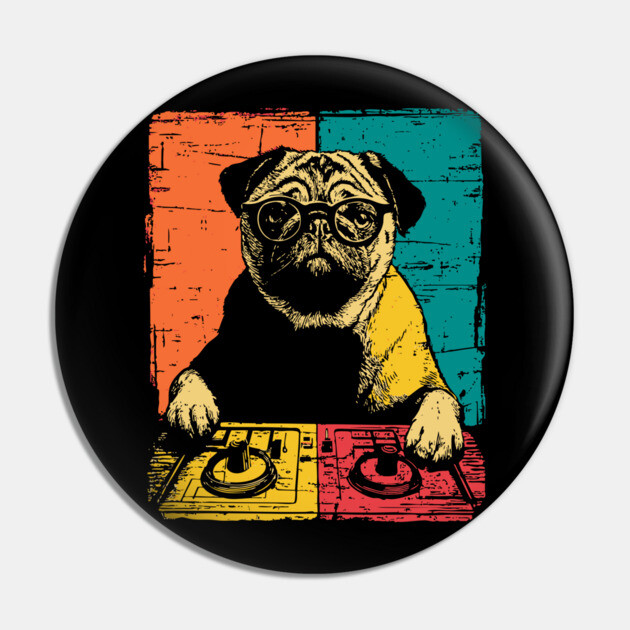 DJ Cyber Pug in Retro Pop Style Pin by TuncGK