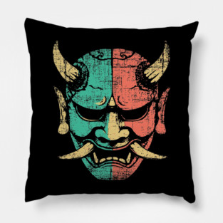 Retro Japanese Oni Demon Mask Artwork Pillow