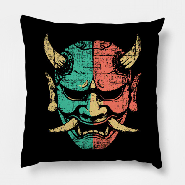 Retro Japanese Oni Demon Mask Artwork Pillow by TuncGK