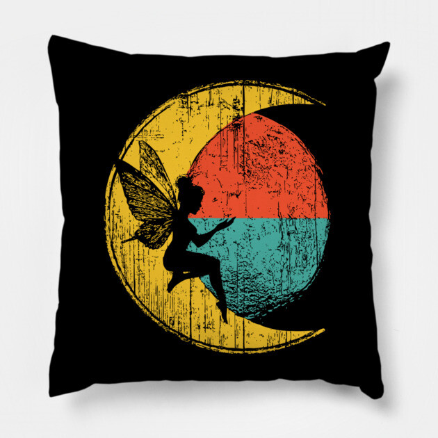 Retro Fairy Sitting on Moon Pop Design Pillow by TuncGK