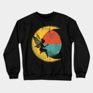 Retro Fairy Sitting on Moon Pop Design Crewneck Sweatshirt