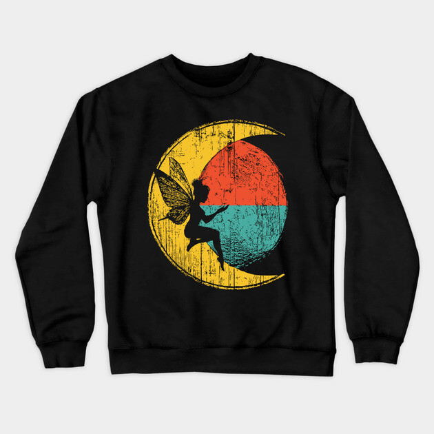Retro Fairy Sitting on Moon Pop Design Crewneck Sweatshirt by TuncGK