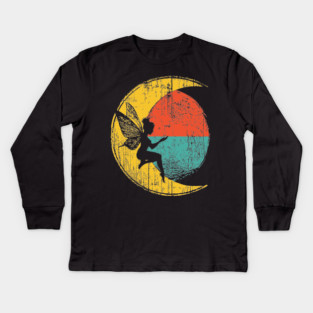 Retro Fairy Sitting on Moon Pop Design Kids Long Sleeve T-Shirt
