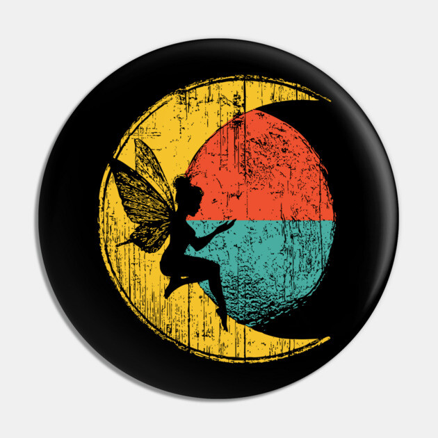 Retro Fairy Sitting on Moon Pop Design Pin by TuncGK