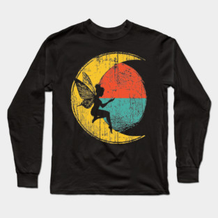 Retro Fairy Sitting on Moon Pop Design Long Sleeve T-Shirt
