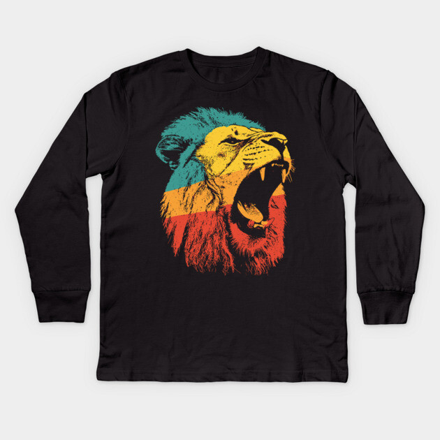 Fierce Roaring Lion Retro Pop Portrait Kids Long Sleeve T-Shirt by TuncGK