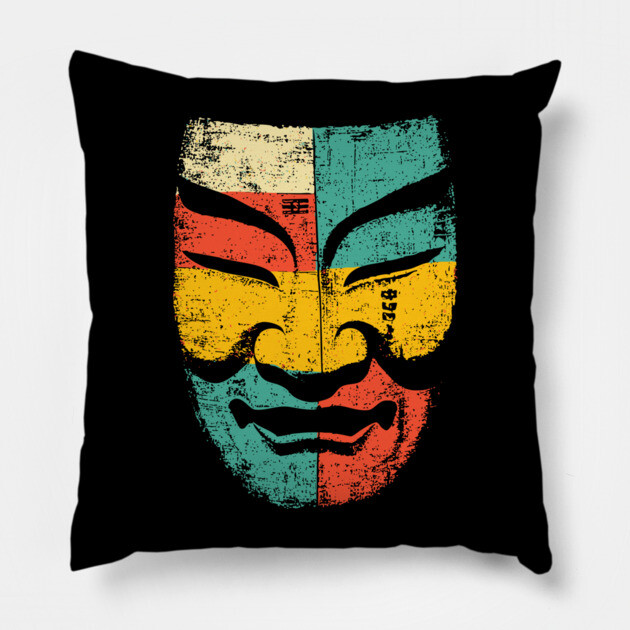 Retro Japanese Noh Mask Pop Art Face Pillow by TuncGK