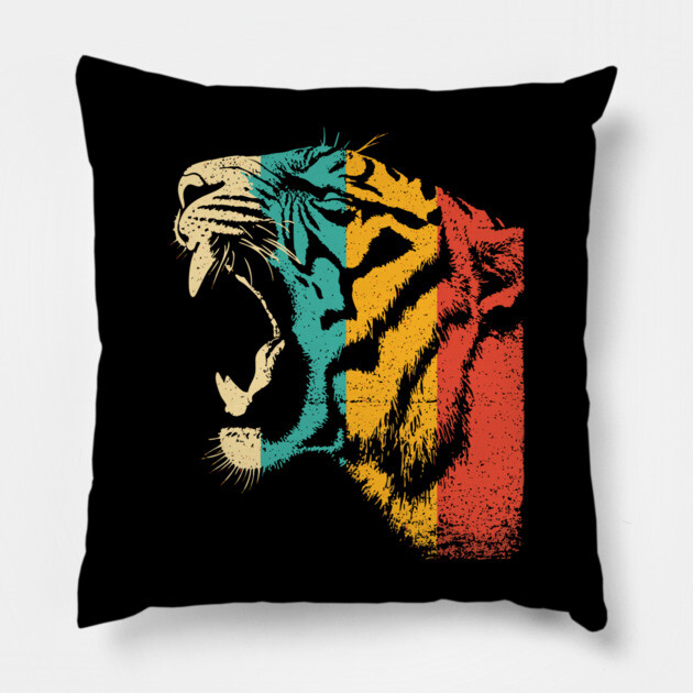 Roaring Tiger in Retro Jungle Pop Style Pillow by TuncGK