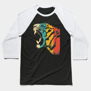 Roaring Tiger in Retro Jungle Pop Style Baseball T-Shirt