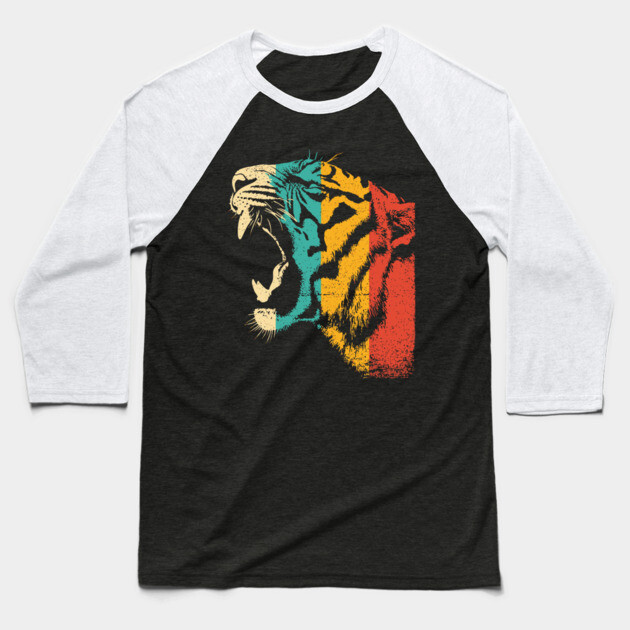 Roaring Tiger in Retro Jungle Pop Style Baseball T-Shirt by TuncGK