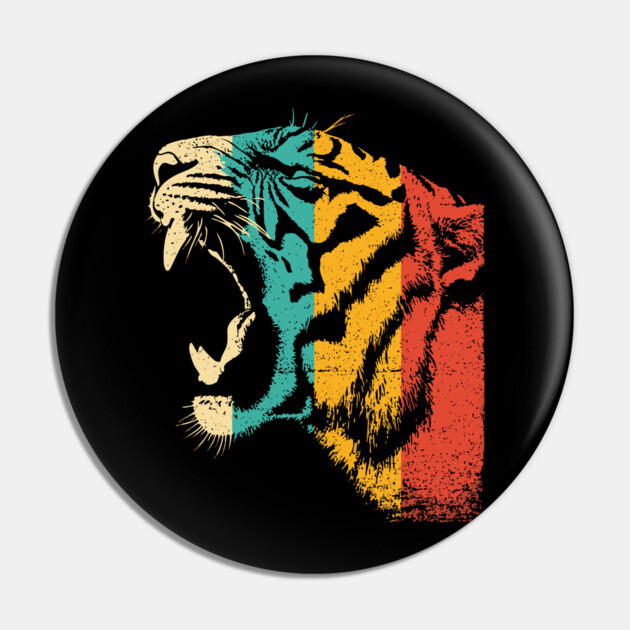 Roaring Tiger in Retro Jungle Pop Style Pin by TuncGK
