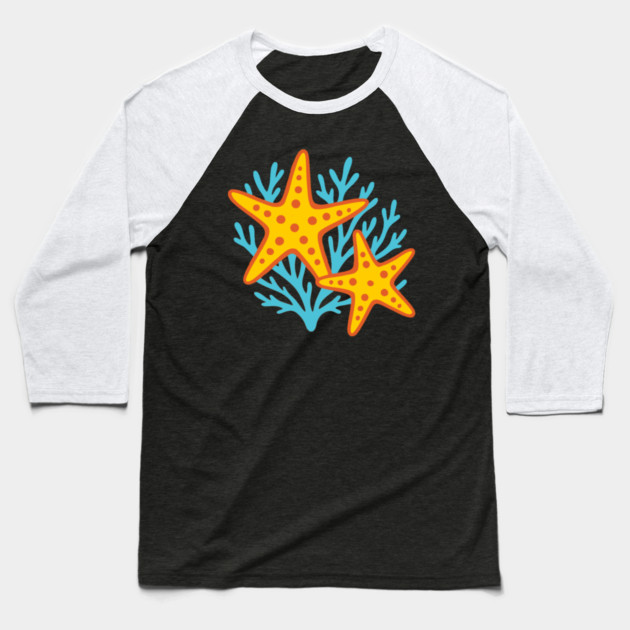 Vivid Starfish and Coral Reef Baseball T-Shirt by DonWillisJrArt