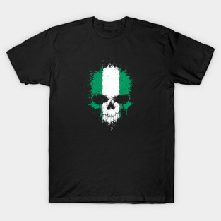 Chaotic Nigerian Flag Splatter Skull T-Shirt