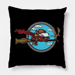 Flying Beagle Ace on Broomstick with Vintage Goggles and Red Scarf in Retro Cartoon Style Pillow