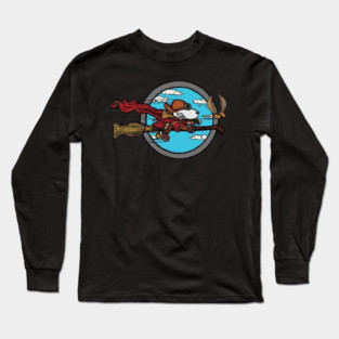 Flying Beagle Ace on Broomstick with Vintage Goggles and Red Scarf in Retro Cartoon Style Long Sleeve T-Shirt