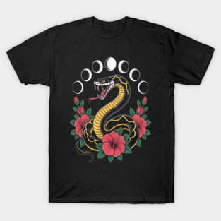 Mysterious Snake with roses and moon phases Gothic T-Shirt