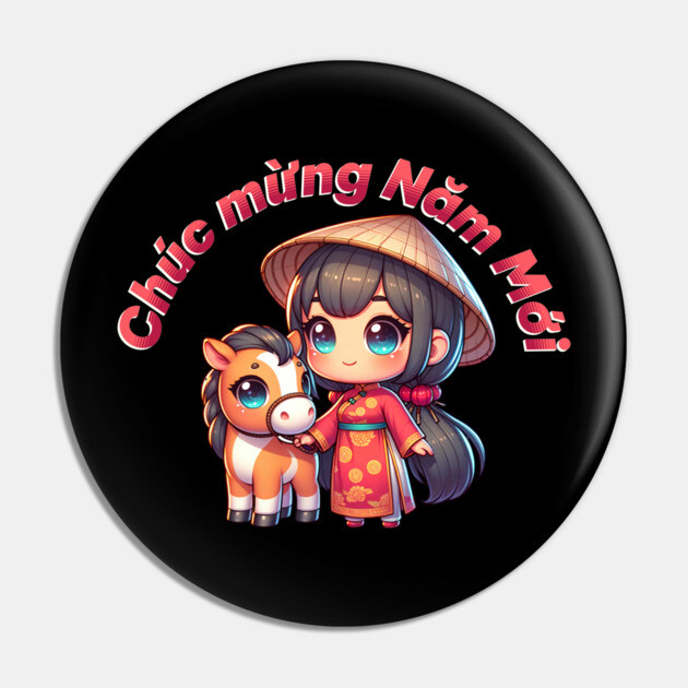 Kawaii Vietnamese New Year Girl & Horse Pin by HolidayBug