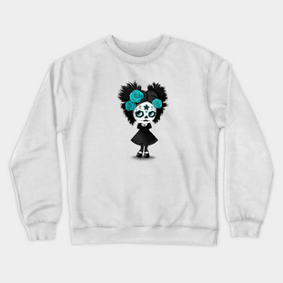 Shy Big Eyes Day of the Dead Girl with Blue Roses Crewneck Sweatshirt