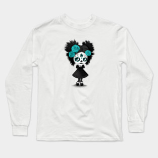 Shy Big Eyes Day of the Dead Girl with Blue Roses Long Sleeve T-Shirt