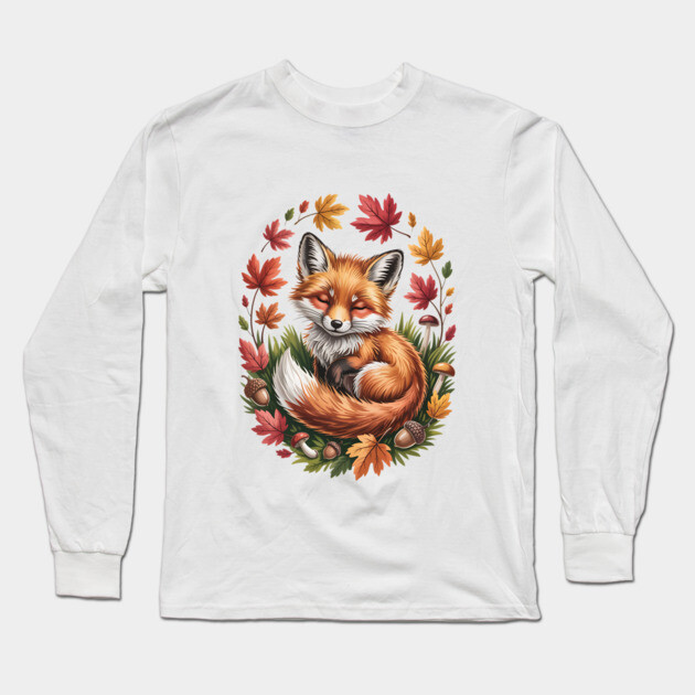 Peaceful Autumn Fox in Woodland Setting Long Sleeve T-Shirt by BirdsnStuff