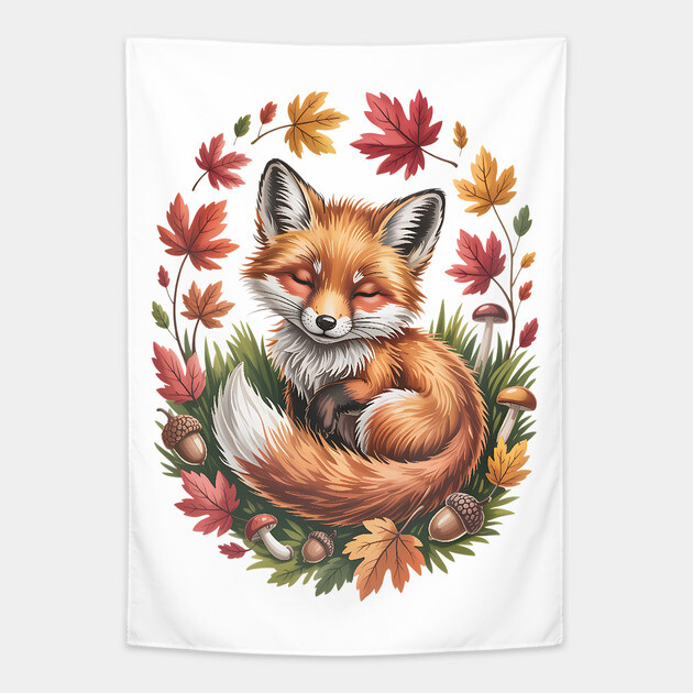Peaceful Autumn Fox in Woodland Setting Tapestry by BirdsnStuff