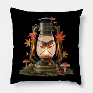 Vintage Lantern with Butterfly and Autumn Leaves Pillow